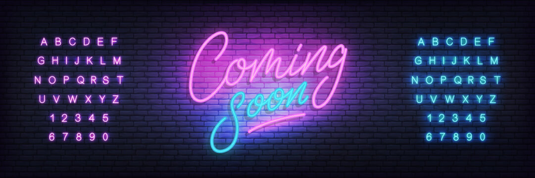 Coming soon neon sign. Lettering Coming soon for promotion, advertisement, sale, marketing.