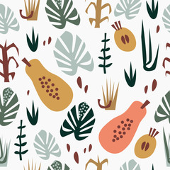 Hand drawn flat seamless pattern with papayas, other fruits and leaves. Summer tropical background. Vector image, clipart.
