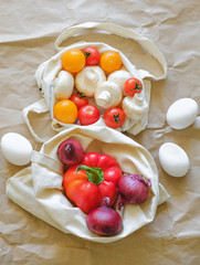 seasonal vegetables and eggs are in eco bags