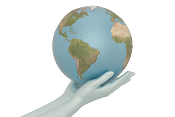 Globe in hands isolated on white background. 3D illustration.