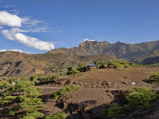 Small houses of the natives in the mountains, Amhara province, Ethiopia.