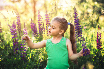 girl and  lupine flower in nature