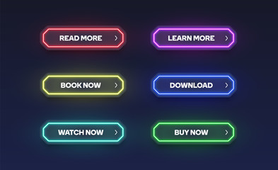 Colorful shining neon button set, vector illustration