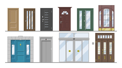 Doors vector doorway front entrance lift entry or elevator indoor house interior illustration set exterior building doorpost doorsill and exit gate isolated on white background