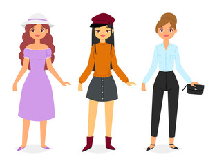 Obraz premium Woman fashion looks Clothes vector beautiful girl and dress up or clothing with fashion pants dresses or shoes illustration girlie set of female cloth hat or coat isolated on white background