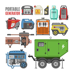 Generator vector power generating portable diesel fuel energy industrial electrical engine equipment illustration set of electric gas industry isolated on white background