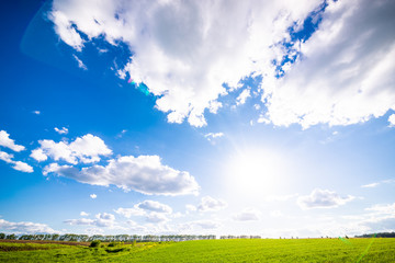 Fototapeta na wymiar View of agricultural field with white fluffy clouds in blue sky at sunny summer day