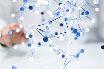 Abstract futuristic - Molecules technology with polygonal shapes on dark blue background.