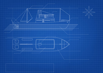 Blueprint of cargo ship on blue background