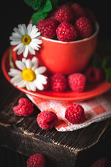 Raspberry in a red cup with chamomile and leaves on a dark background. Summer and healthy food concept. Selective focus.