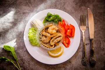 food on the plate, seafood, shrimp, salad
