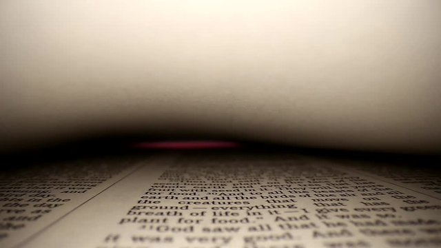 GENESIS-Slowly pushing lens into a book, center view of the page. Words eye view of the pages, on both top(blank) &bottom. Middle focus, the page edges are highlighted by red &white light @the end.