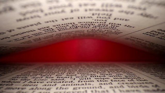Slowly pulling lens out of book. Words eye view of the pages, on both top& bottom. Centered middle focus, at the end page is highlighted by red light.