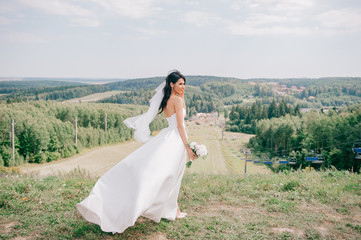 Young beautiful bride in white wedding dress posing on a hill at nature.
