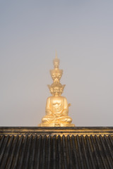 gold buddha closeup on foggy background