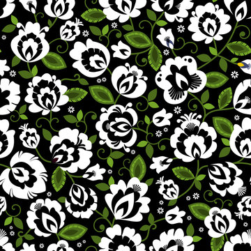 Beautiful monochrome, black and white Polish folk seamless vector pattern
