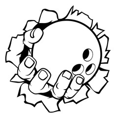 A strong hand holding a bowling ball tearing through the background. Sports graphic