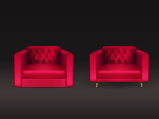 Comfortable chesterfield, lawson, club chairs with red leather, fabric upholstery, wooden legs 3d realistic vector illustration isolated on black. Modern home furniture, house interior design element