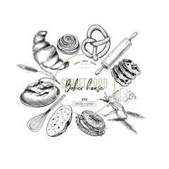 Bakery set. Hand drawn bread, loaf, croissant, pretzel, macaron, pie, baguette. Wheatl flour pastry. Vector engraved banner. For restaurant and cafe menu, baker shop, pasty, sweets. Design template.
