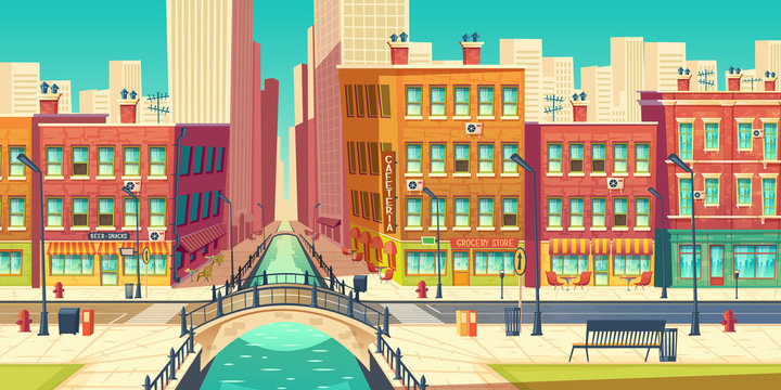 Old city district in modern metropolis cartoon vector. Outdoor cafeteria on embankment, grocery store, bar signboards on retro architecture buildings facades, road, arch bridge over river illustration