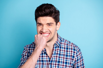 Close up photo disappointed embarrassed man guy millennial bristle funny funky crazy touch fist...