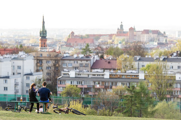 Krakow, Poland - April 26, 2019: View from the oldest mound in Krakow - Krakus mound (Kopiec Kraka) - obrazy, fototapety, plakaty