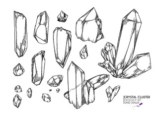 Hand drawn crystal cluster. Vector mineral illustration. Amethyst or quartz stone. Isolated natural gem. Geology set. Use for decoration, flyer, banner, halloween, wedding, witch stuff.