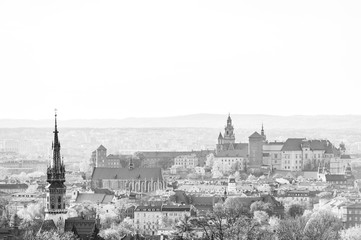 Panoramic Cityscape of Krakow, Poland, with wawel castle, black and white. View from Krakus mound.
