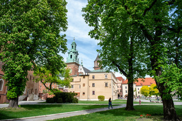 Fototapeta na wymiar Krakow, Poland - April 26, 2019: view at wawel castle with tourists.