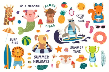 Washable wall murals Illustrations Big summer set with cute animals, quotes, fruits, drinks, pool floats. Isolated objects on white background. Hand drawn vector illustration. Scandinavian style flat design. Concept for children print.