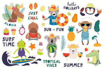 Big summer set with cute animals, quotes, fruits, drinks, pool floats. Isolated objects on white background. Hand drawn vector illustration. Scandinavian style flat design. Concept for children print.