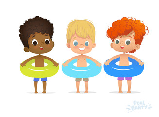 Multiracial Boys in inflatable circle. Kid Friend Relax at Summer Multiracial Pool Party with Inflatable Ring. Beach Boy Character Isolated. Birthday Vacation Flat Cartoon Vector Illustration