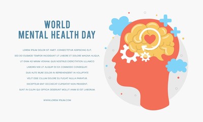World Mental Health Day. Silhouette of a man's head with brain, gear, love. Mental Growth. Clear your Mind. Positive Thinking. Vector - Illustration