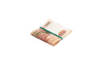 A bundle of 5,000 rubles denominated bills on an isolated white background