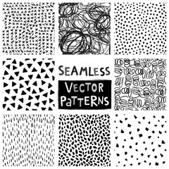 Vector set with doodle seamless patterns in black and white colors for modern textile, sport clothing and graphic design with dots, triangles, lines