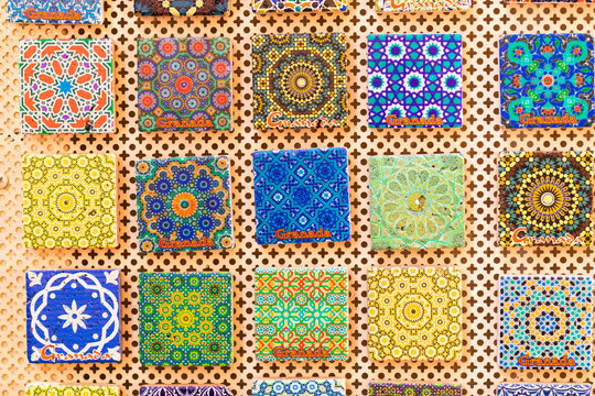 Traditional souvenir in Granada, Spain. Alhambra decoration and mosaic. Old muslim style