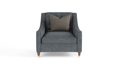 Classic modern gray armchair with wooden legs, quilted back with striped pillow isolated on white...