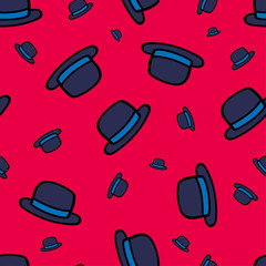 Dark bowler hats isolated on red background. Funny hand drawn seamless pattern. Clipping mask used.