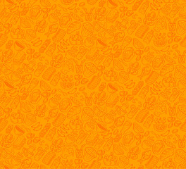Food vector seamless pattern. Cuisine, fast food cafe wallpaper with gastronomy icons. Orange, amber color texture. Decorative textile, wrapping paper design. Bright background for menu, receipts