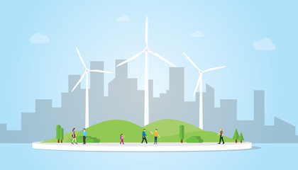 wind turbine concept on the city for energy power with modern flat style with blue background - vector © ribkhan