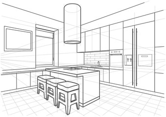 Abstract linear architectural sketch interior modern kitchen with island