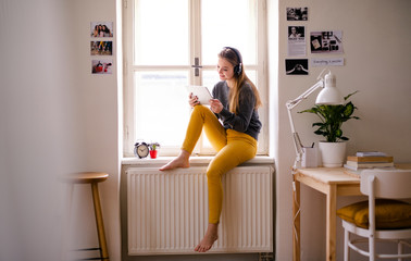 A young female student sitting on window sill, using tablet when studying.