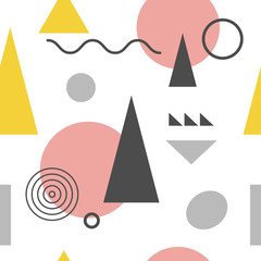 Abstract geometric scandinavian seamless pattern with triangles and other shapes. Pastel colors. Multicolor bauhaus vintage background. Vector clip art.