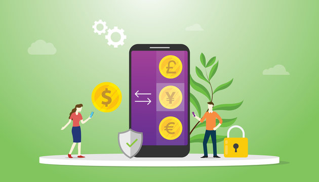 Currency Exchange Money Concept With Mobile Smartphone Apps With Options Business Technology Investment - Vector