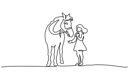 One line drawing. Girl feeding a horse