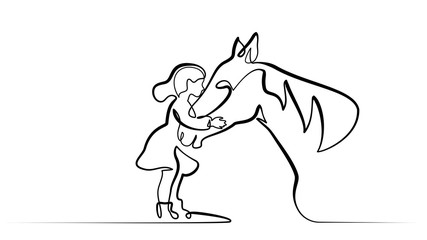 One line drawing. Horse and woman heads logo