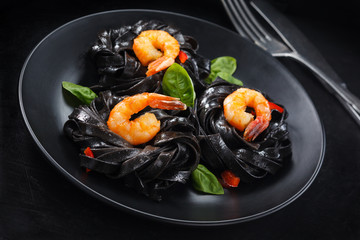 Italian food. Pasta with prawns.