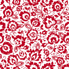 Beautiful red and white Polish folk, floral vector seamless pattern