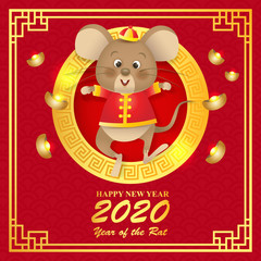 Cute cartoon rat in Chinese traditional costume jumping with joy, Chinese New Year 2020, Vector