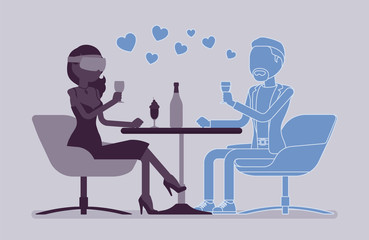 Fototapeta na wymiar Virtual date in restaurant. Woman wearing VR headset meeting with not real man, gaming system for entertainment, computer technology for simulated environment. Vector illustration, faceless characters